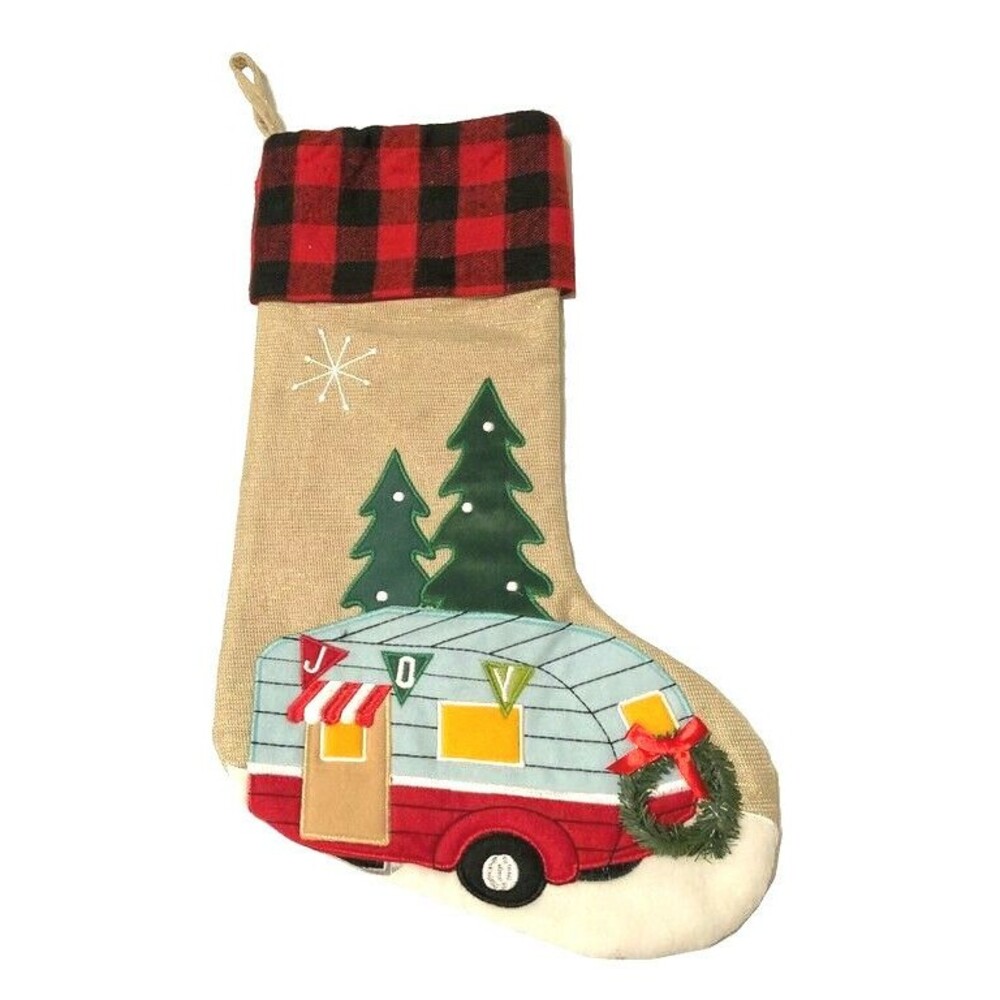 Christmas Stocking Camper RV Tree Wreath Buffalo Check Embroidered Camp Cabin